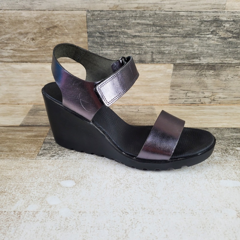 ECCO Freja Womens Wedge Sandals Sz 7 7.5 Metallic Leather Slingback Strap